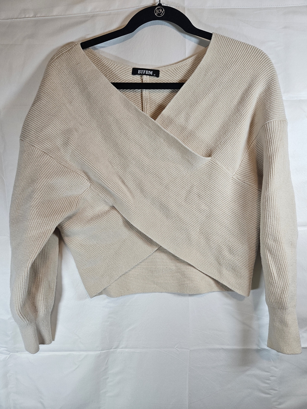 BTFBM Cream Ribbed Cross-Front V-Neck Sweater